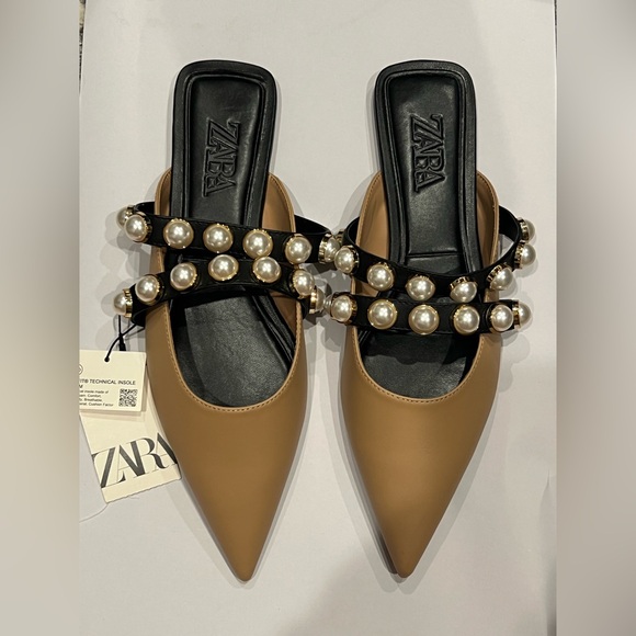 Zara Shoes - NWT Zara Brown Mules with Pearl Straps